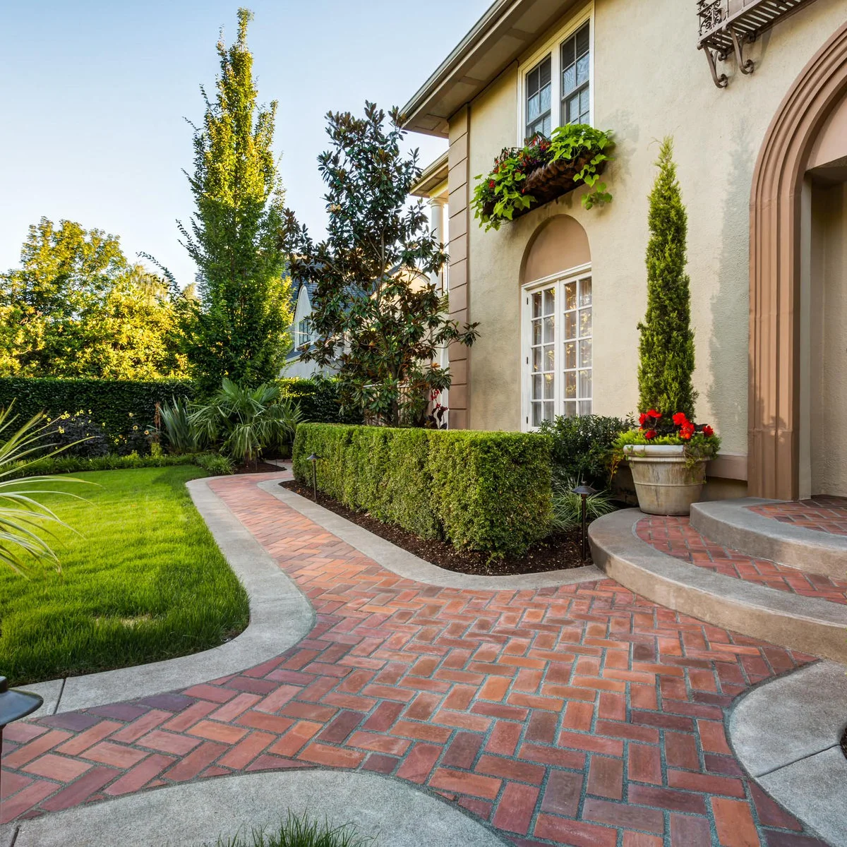 A clipped rectangular hedge below a tall front window beside a curved brick walk and a potted upright evergreen.