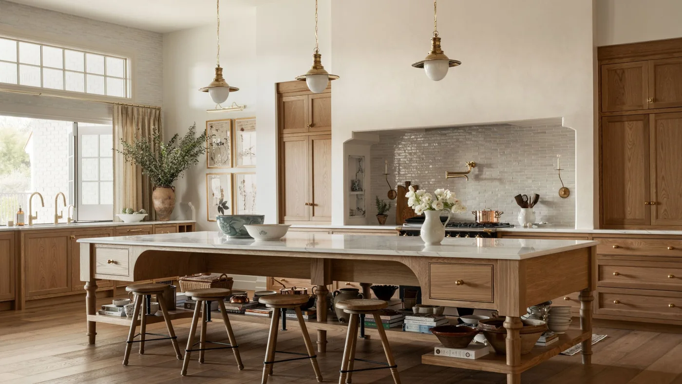 A large white oak island has turned legs, end drawers and an open lower shelf beneath a pale counter in a traditional kitchen.