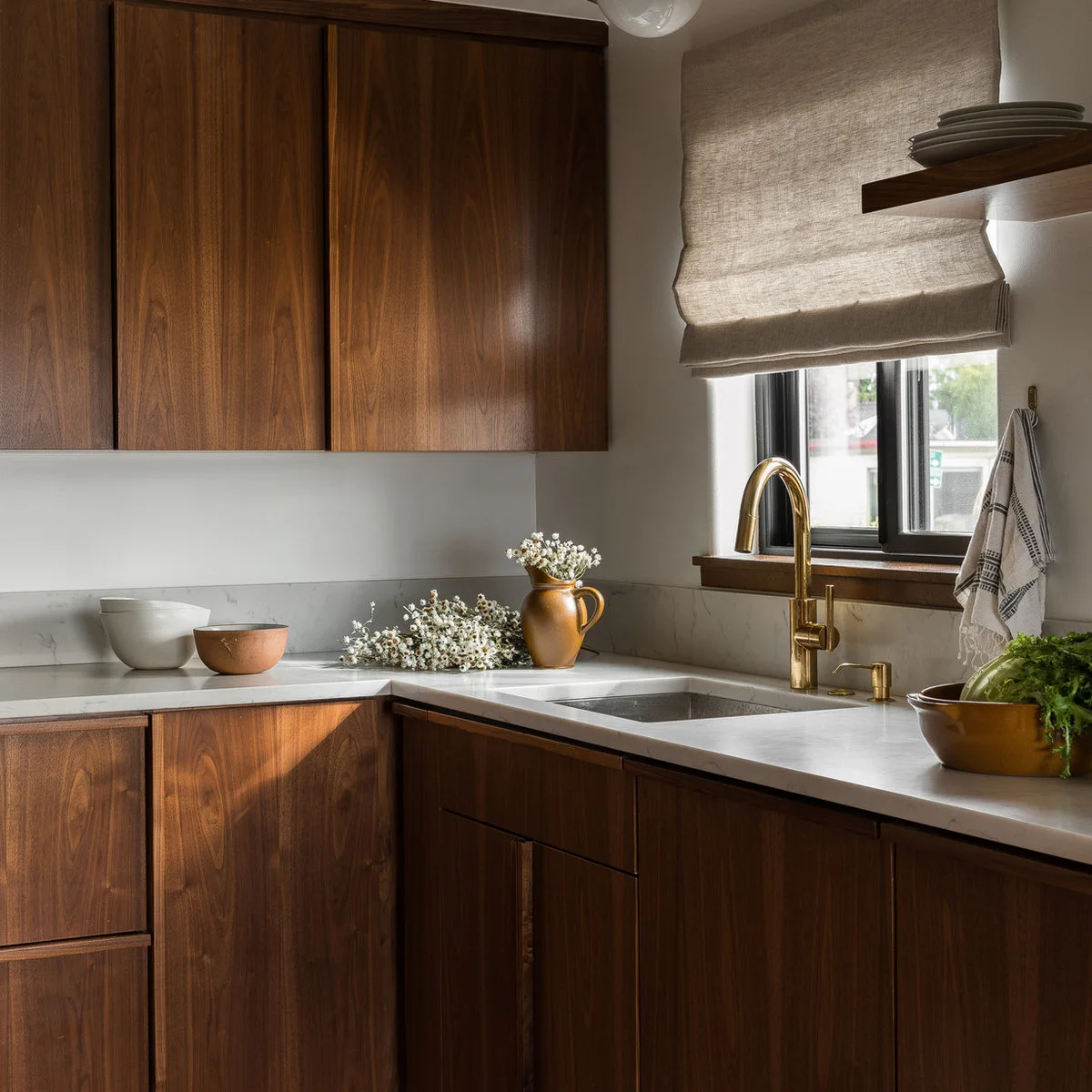 Dark wood cabinets around a pale counter and sink, with a warm metal faucet, fabric blind and small ceramic bowls.