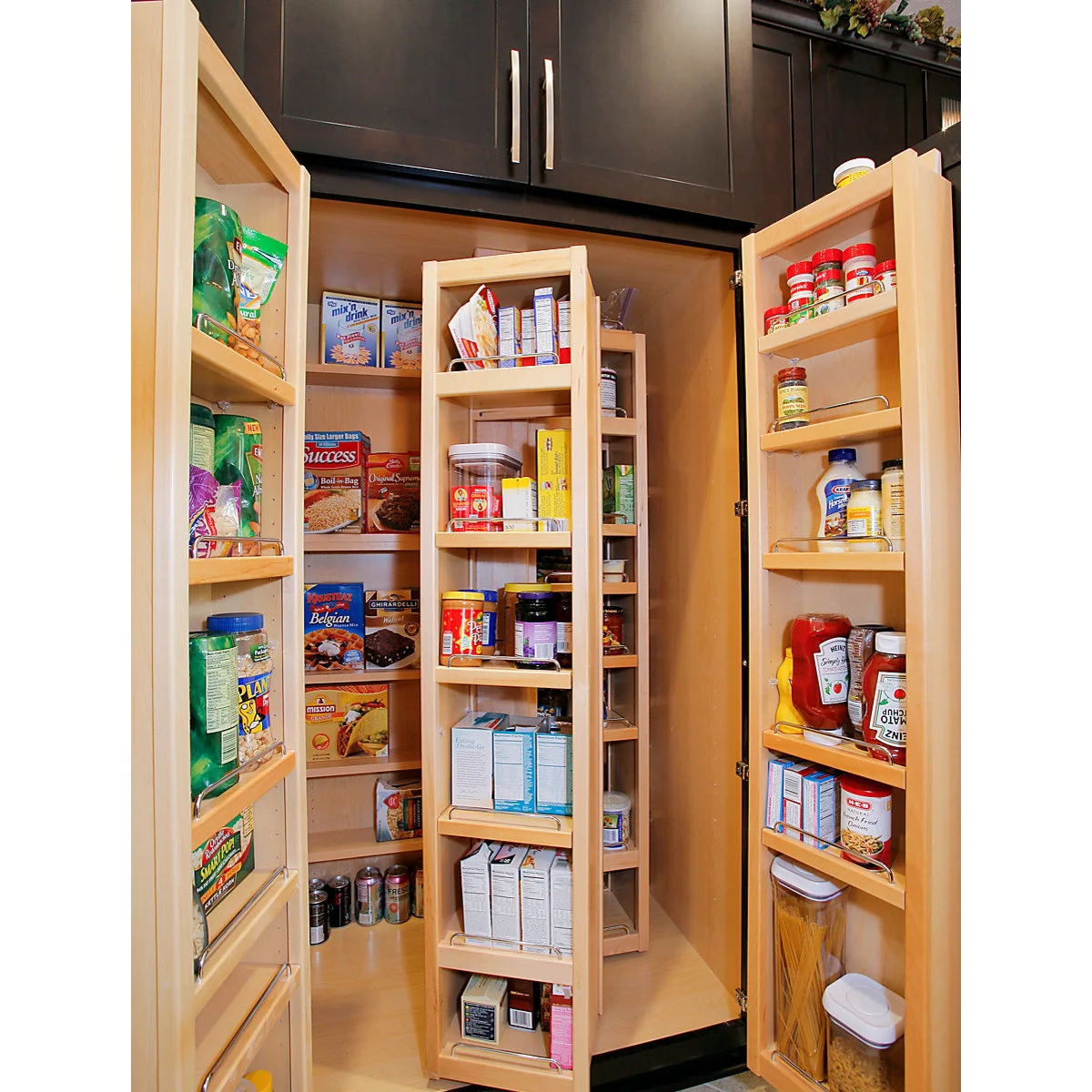 Pantry cupboard with door racks and a narrow central swing-out storage frame