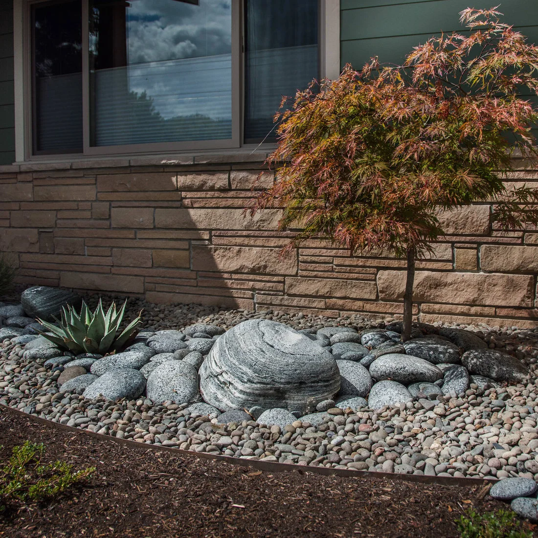 Large striped gray boulders sit in a mixed-pebble bed beneath a small red-leaved tree