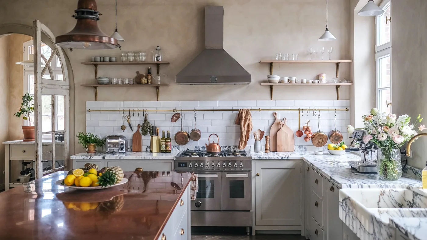 Country kitchen with pale cabinets, central cooker and gray hood, open wooden shelves, hanging utensil rail and warm brown island surface.