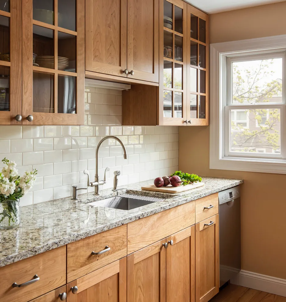 Light warm wood cabinets include glass upper fronts beside a sink window