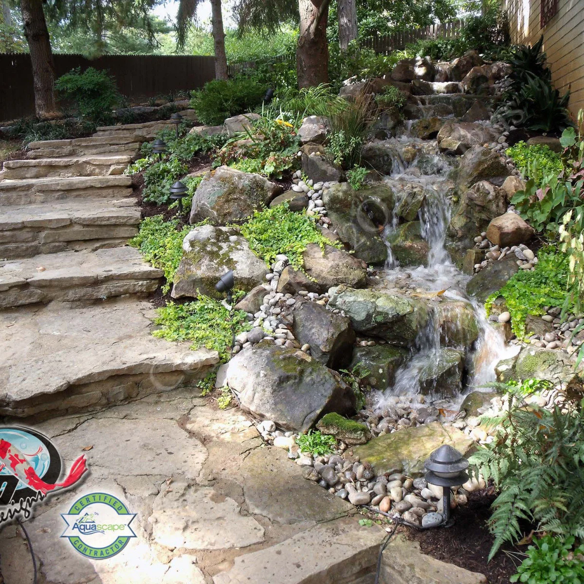 A narrow stepped waterfall beside broad stone garden steps, with small plants, rounded pebbles and larger boundary rocks.
