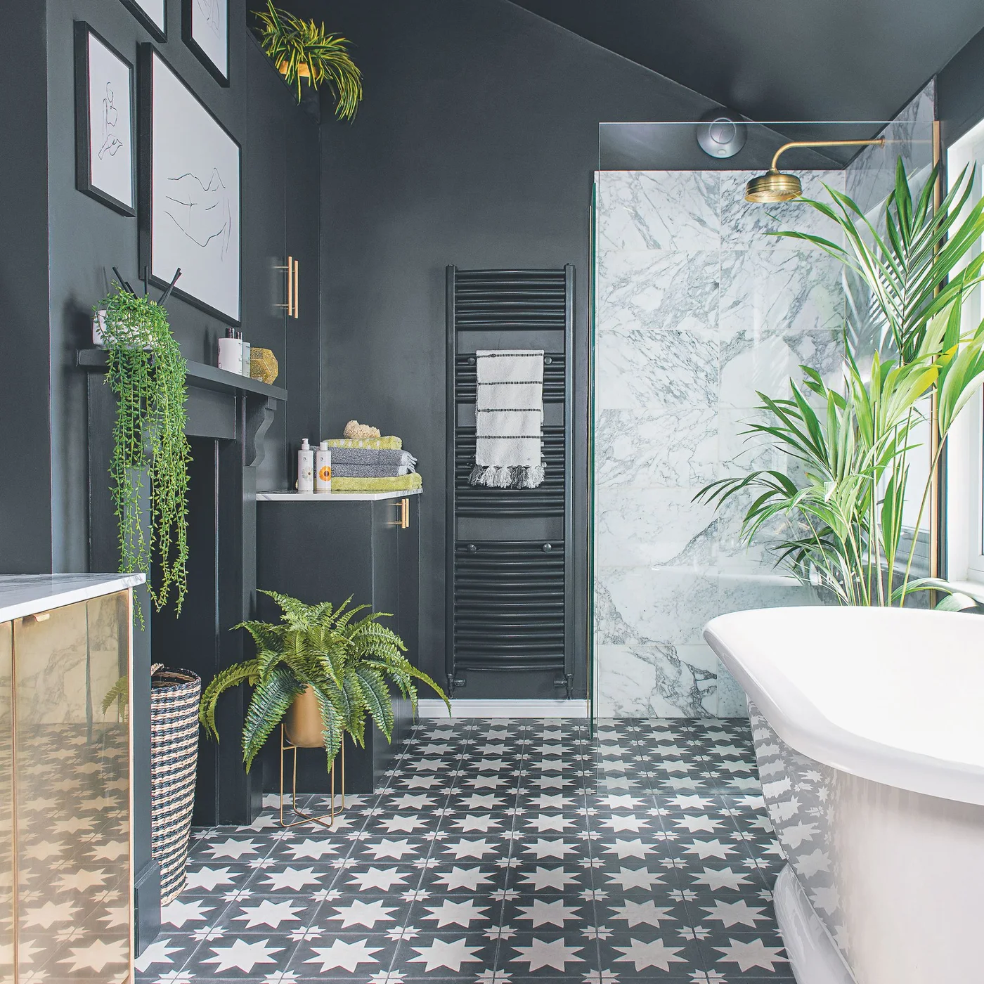 Dark gray bathroom with a matching tall storage door, towel rail, framed line art and pale shower wall.