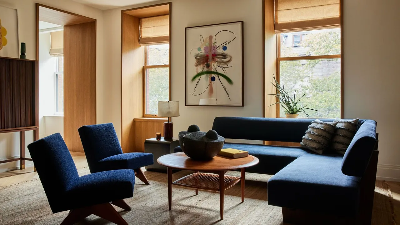 A deep blue corner sofa sits beside timber-trimmed windows and a round wood table.
