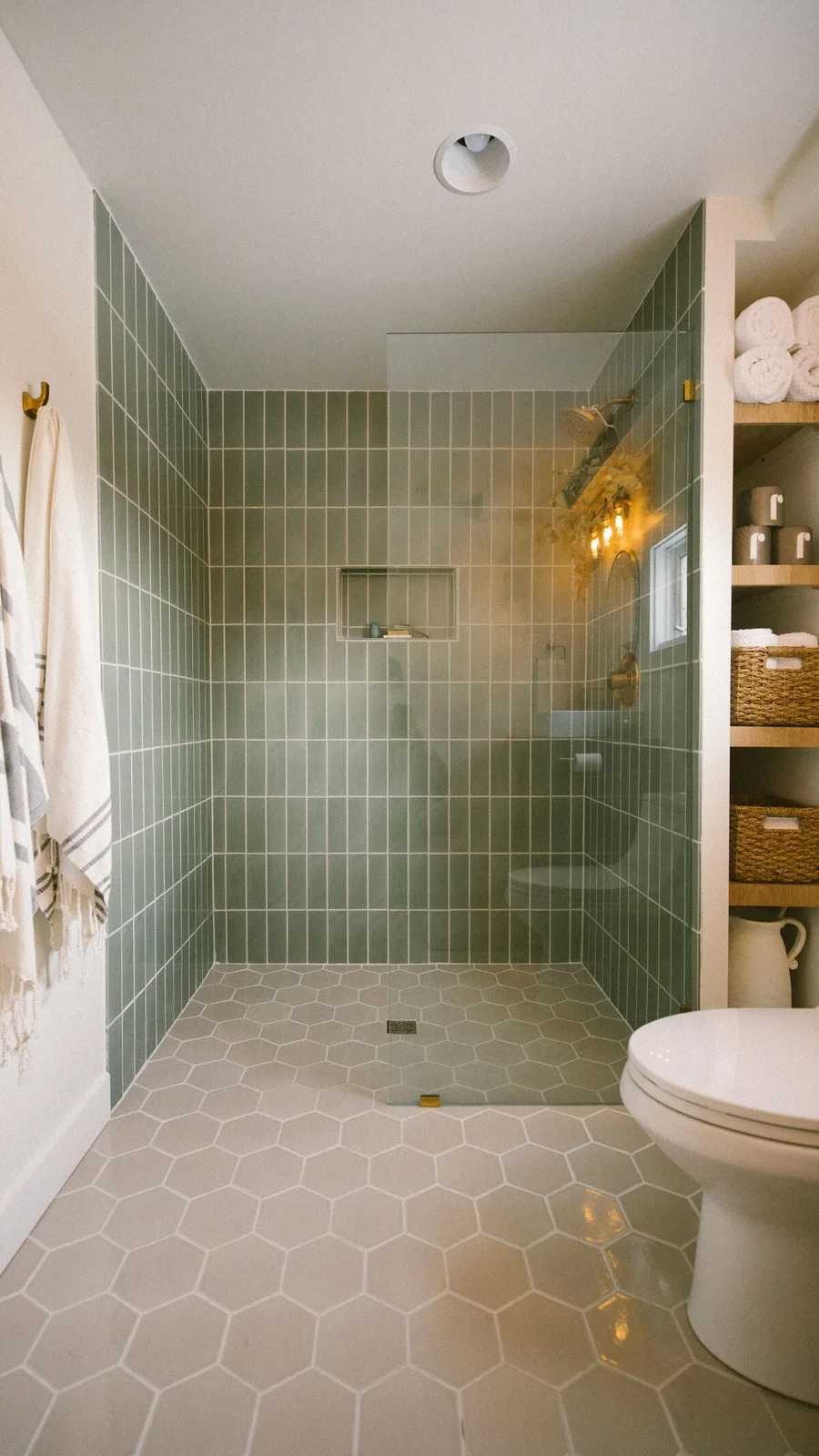 Vertical sage tiles line a glass-screened shower with a recessed niche, beige hexagonal floor and open towel shelves alongside.