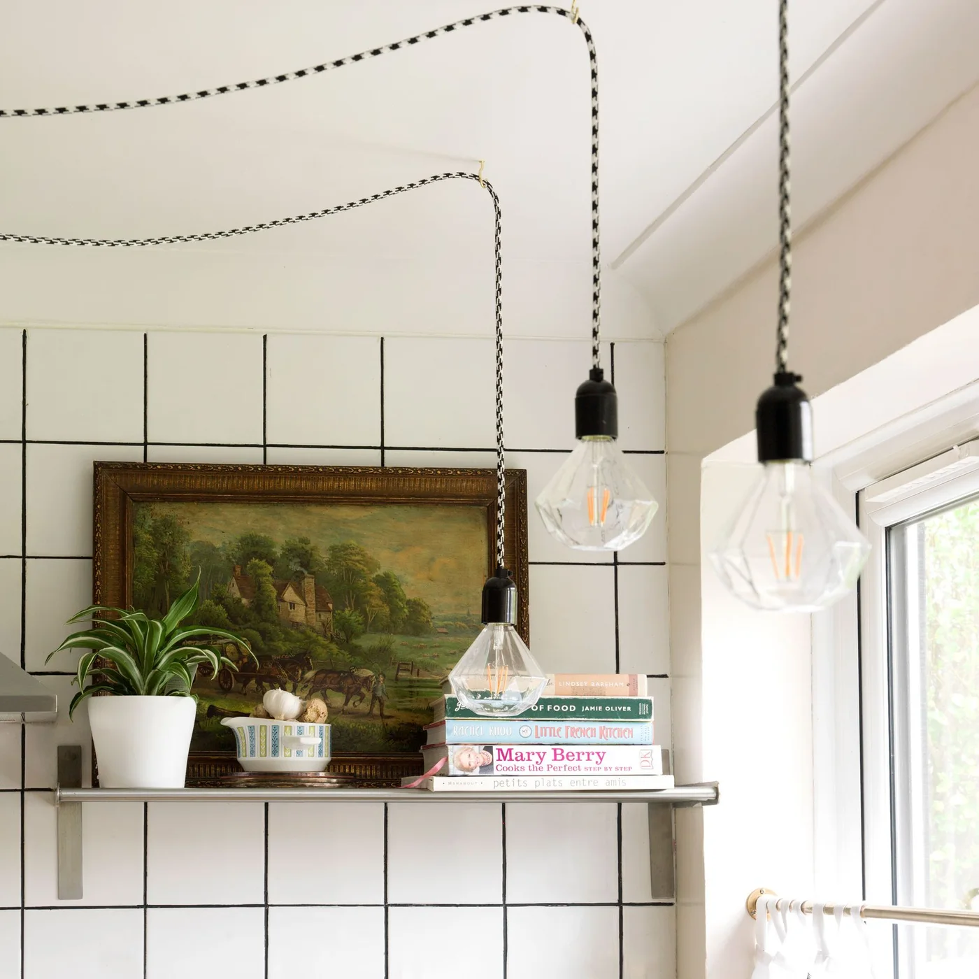 Framed landscape painting on a kitchen shelf beside cookbooks and a potted plant against white tiles.