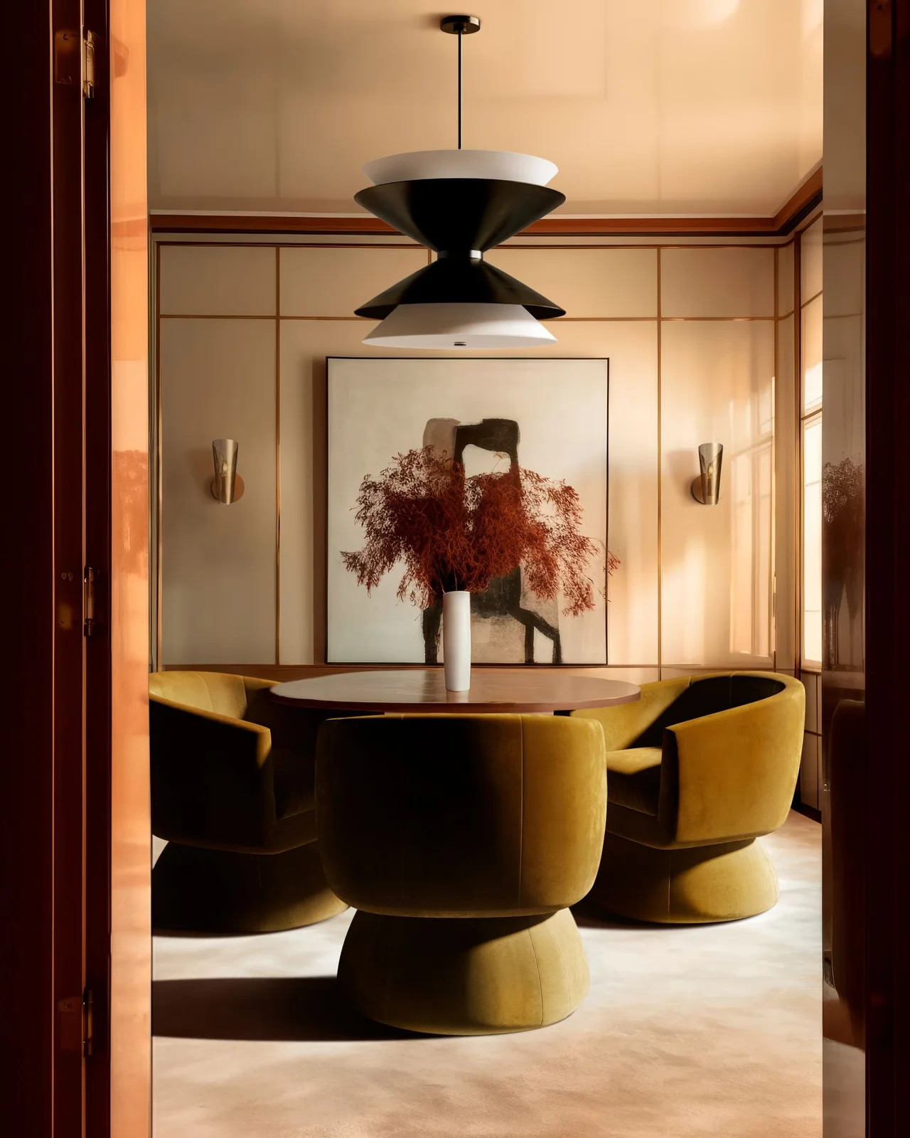 Rounded yellow dining chairs surround a dark round table below a black sculptural pendant beside pale paneled walls, one abstract painting and small wall lights