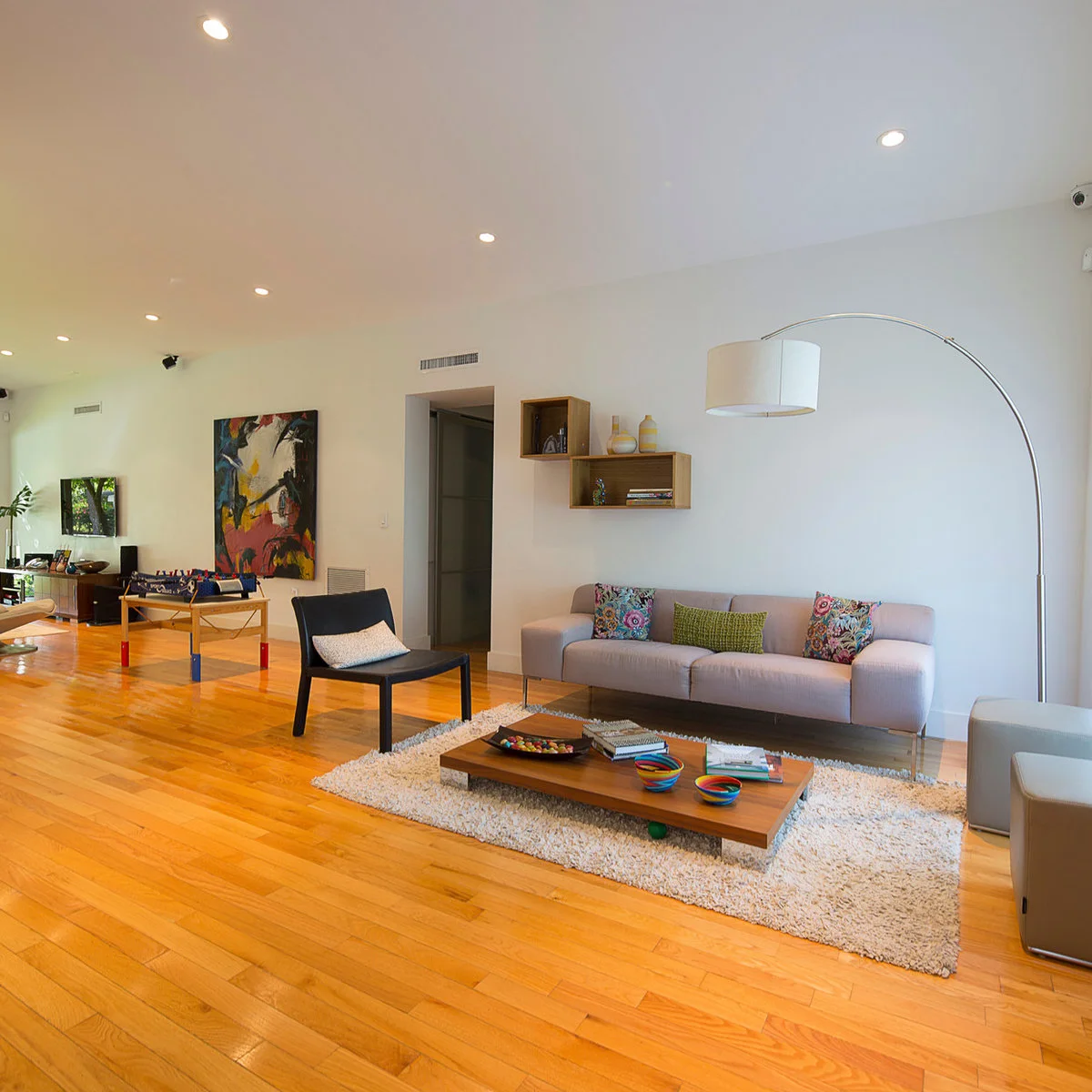 Light gray sofa and black chair beside a low wood coffee table on a pale rug with colorful cushions.