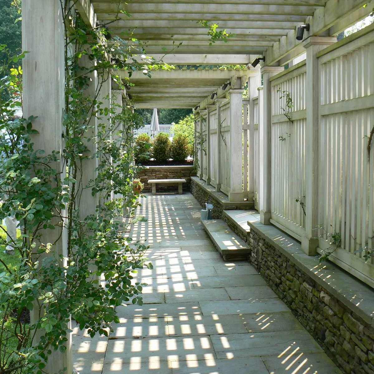 A small pale bench sits at the end of a paved pergola walk beside a tall slatted screen and climbing greenery.
