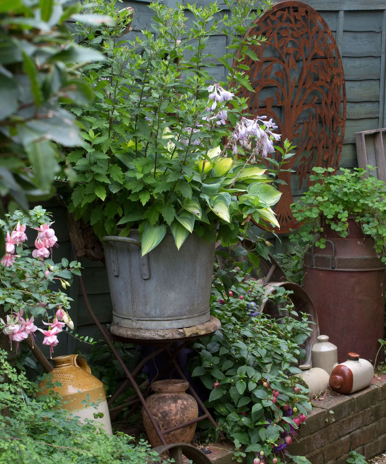 A weathered metal container holds leafy flowering plants beside rustic garden objects and a gray fence