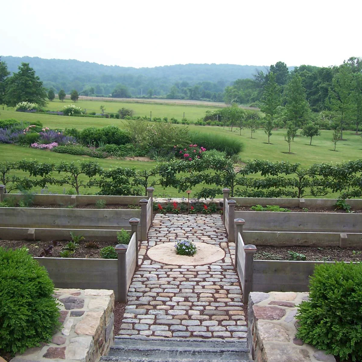 Raised wooden vegetable beds flanking a cobbled path with a circular inset and trained fruit trees beyond.