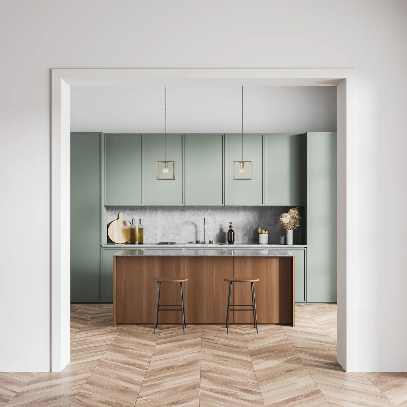 Green paneled cabinets and a wooden island are seen through a broad pale doorway