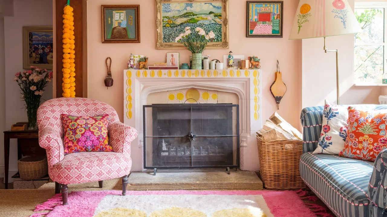 A pink chair sits beside a striped sofa and a pale fireplace under colorful artwork.