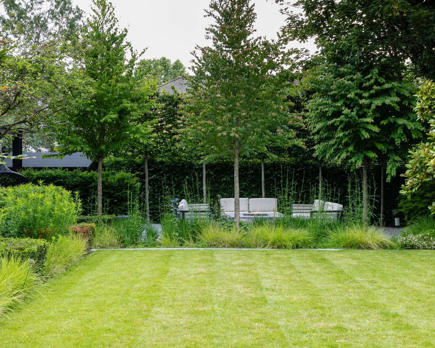Trees with clear trunks rise above a hedge behind pale garden seating