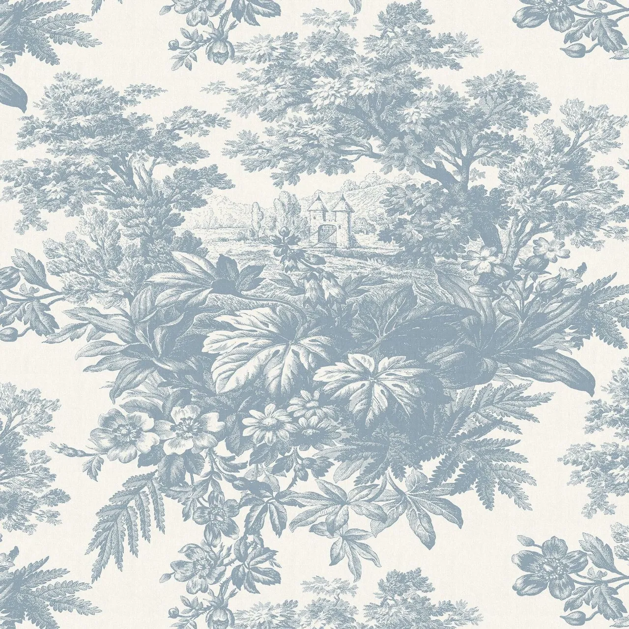 A blue botanical wallpaper sample shows leafy branches against a pale background.