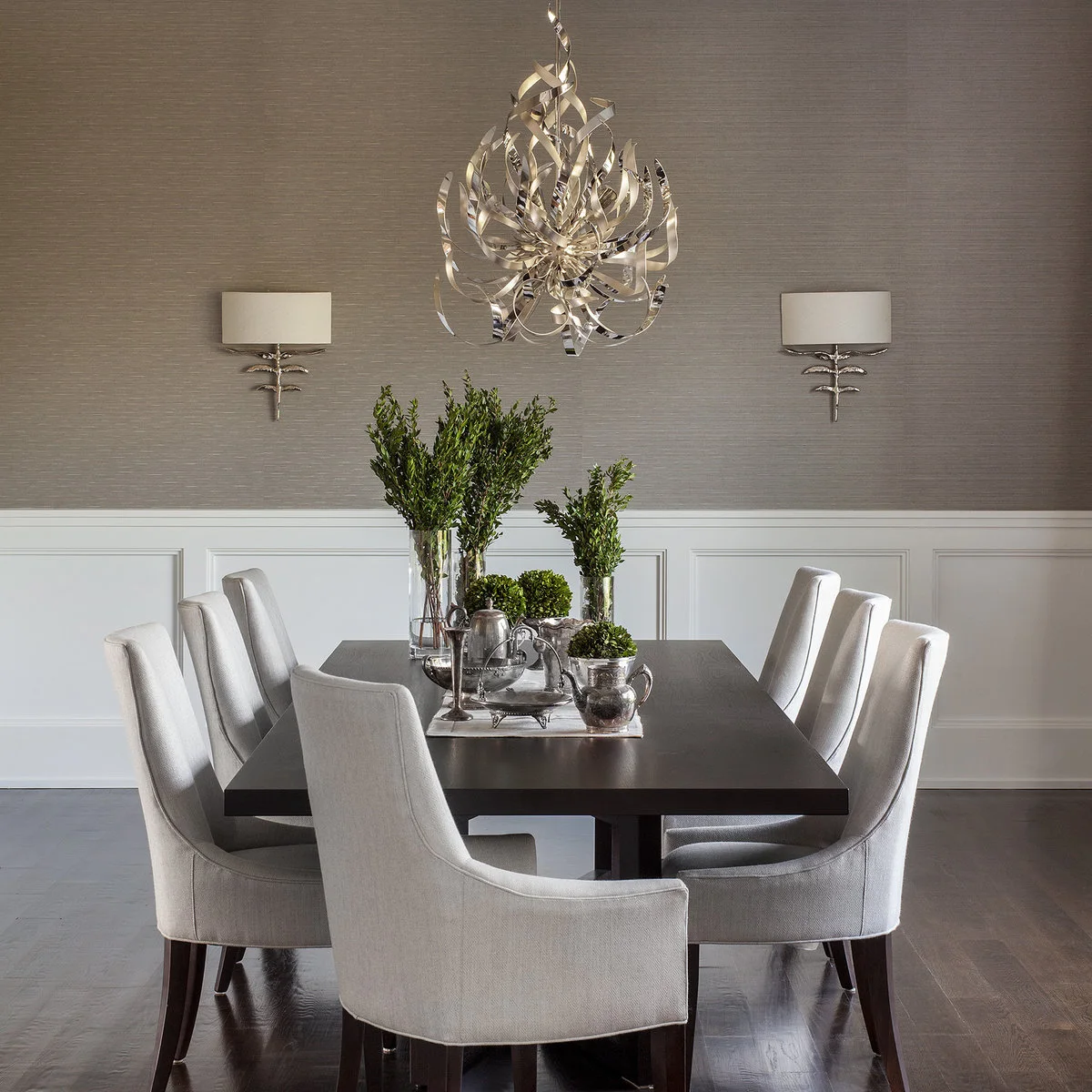 White framed lower panels below a textured taupe dining-room wall