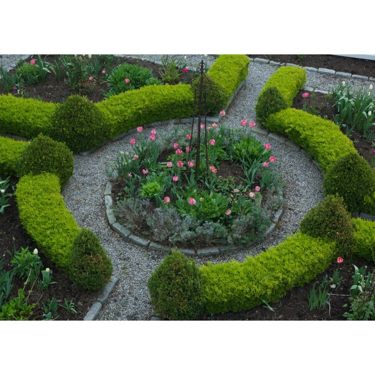 Low yellow-green hedges outline geometric gravel paths and planted sections around a central circular bed with a metal obelisk.