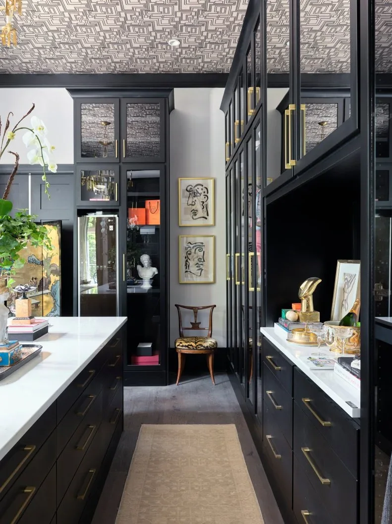 Dark glass-front closet cupboards and drawers sit beneath a geometric patterned ceiling.