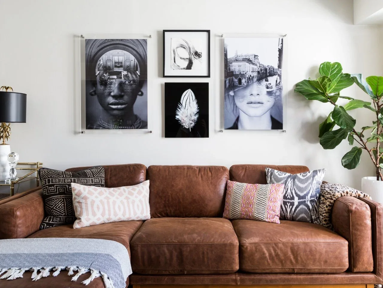 A brown sofa with patterned cushions sits below black-and-white artwork beside a large leafy plant.