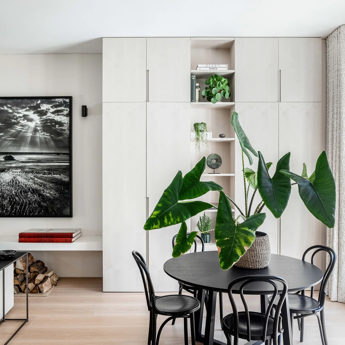 A dark round table and curved dark chairs sit beneath pale built-in cabinets beside a large leafy plant, wooden floor and framed photograph