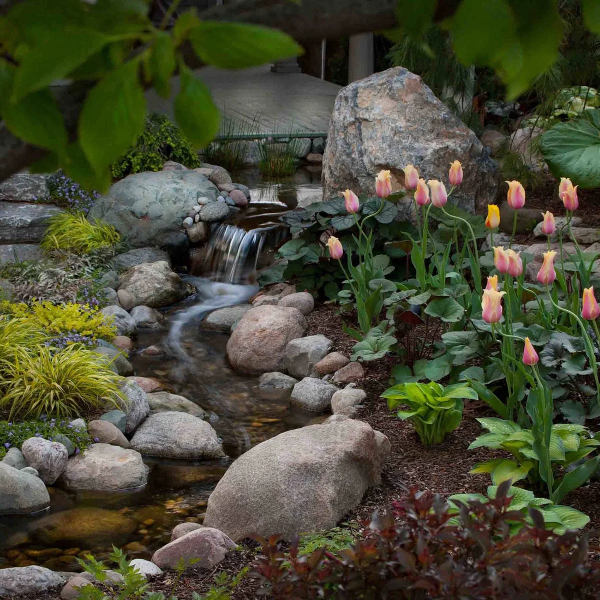 A narrow winding rock stream with small cascades, rounded stones, pink-and-yellow tulips and a larger upright boulder.