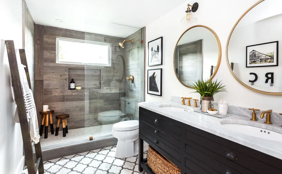 A pale floor with dark trellis lines sits beneath a long dark vanity and bright mirrors