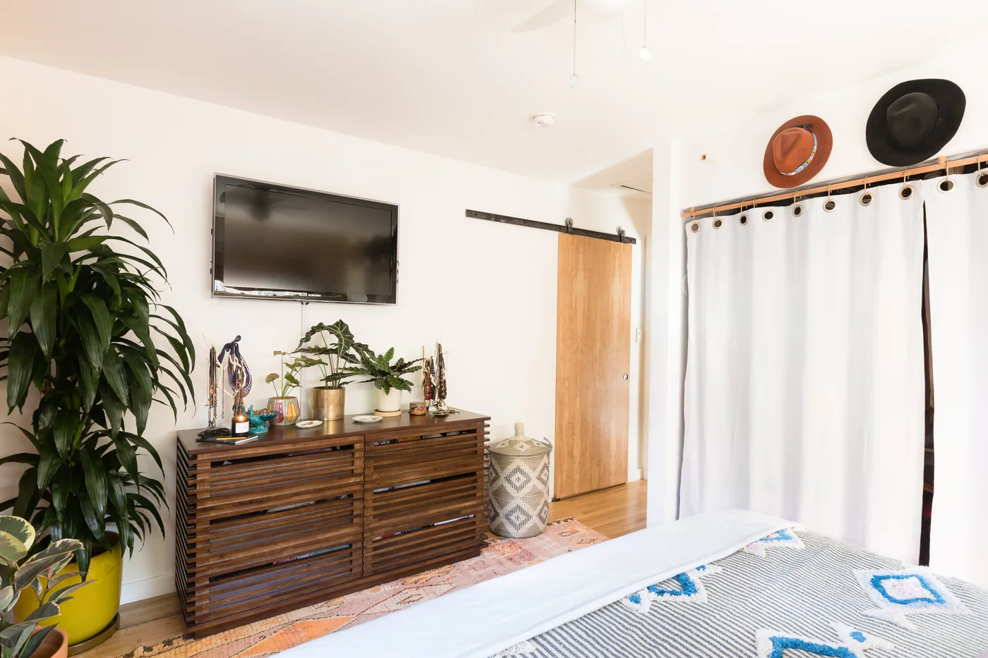 A dark slatted wood dresser stands beneath a television beside white curtains, a tall floor plant and small potted plants with patterned bedding in the foreground