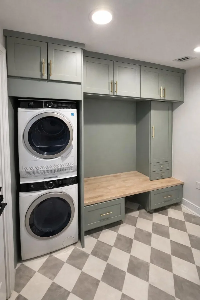 Gray-green cabinetry combines stacked white laundry machines, a wood-topped bench with drawers and tall storage above a gray-and-white checked floor.