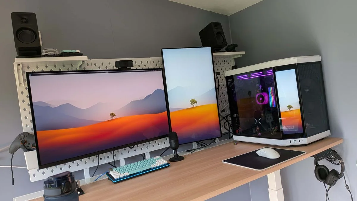 A pale wood desk with a white perforated backboard, landscape and portrait monitors, speakers above and a white glass-sided tower.