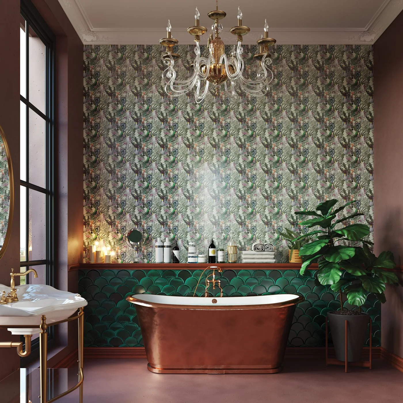 Warm metal-toned freestanding tub against green scalloped tiles and dense botanical wallpaper.