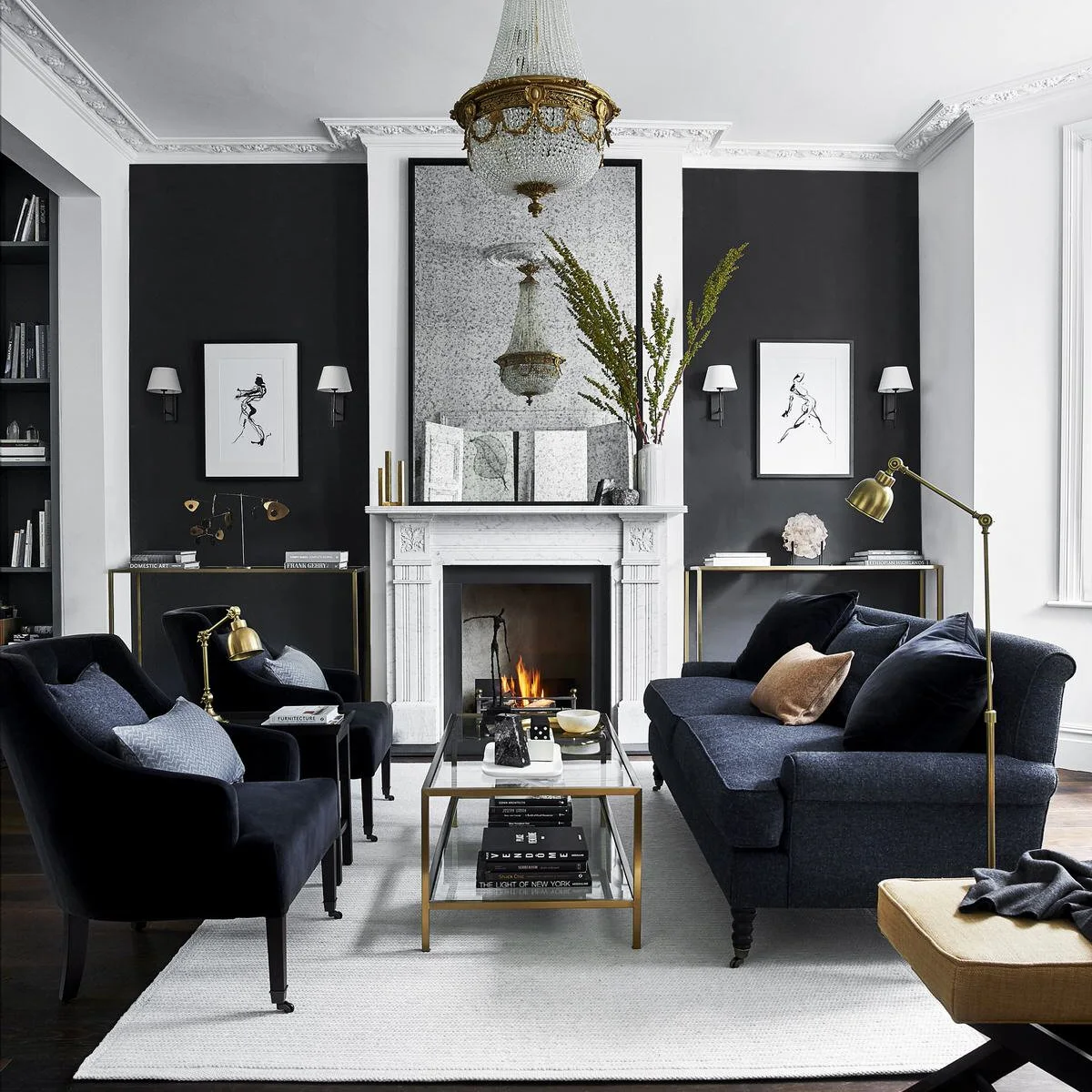Compact sitting group with near-black alcove walls, pale fireplace and dark seating