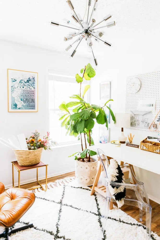 Home office with white desk on wooden trestles, clear chair, white pegboard, woven basket, broad-leaf plant and cream rug with dark diamond pattern.