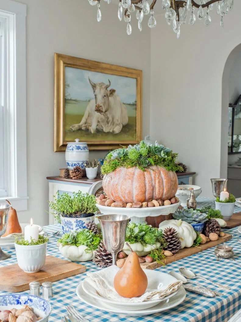 A large peach-toned pumpkin topped with green succulents sits above smaller pale pumpkins and potted greenery on a blue checked tablecloth