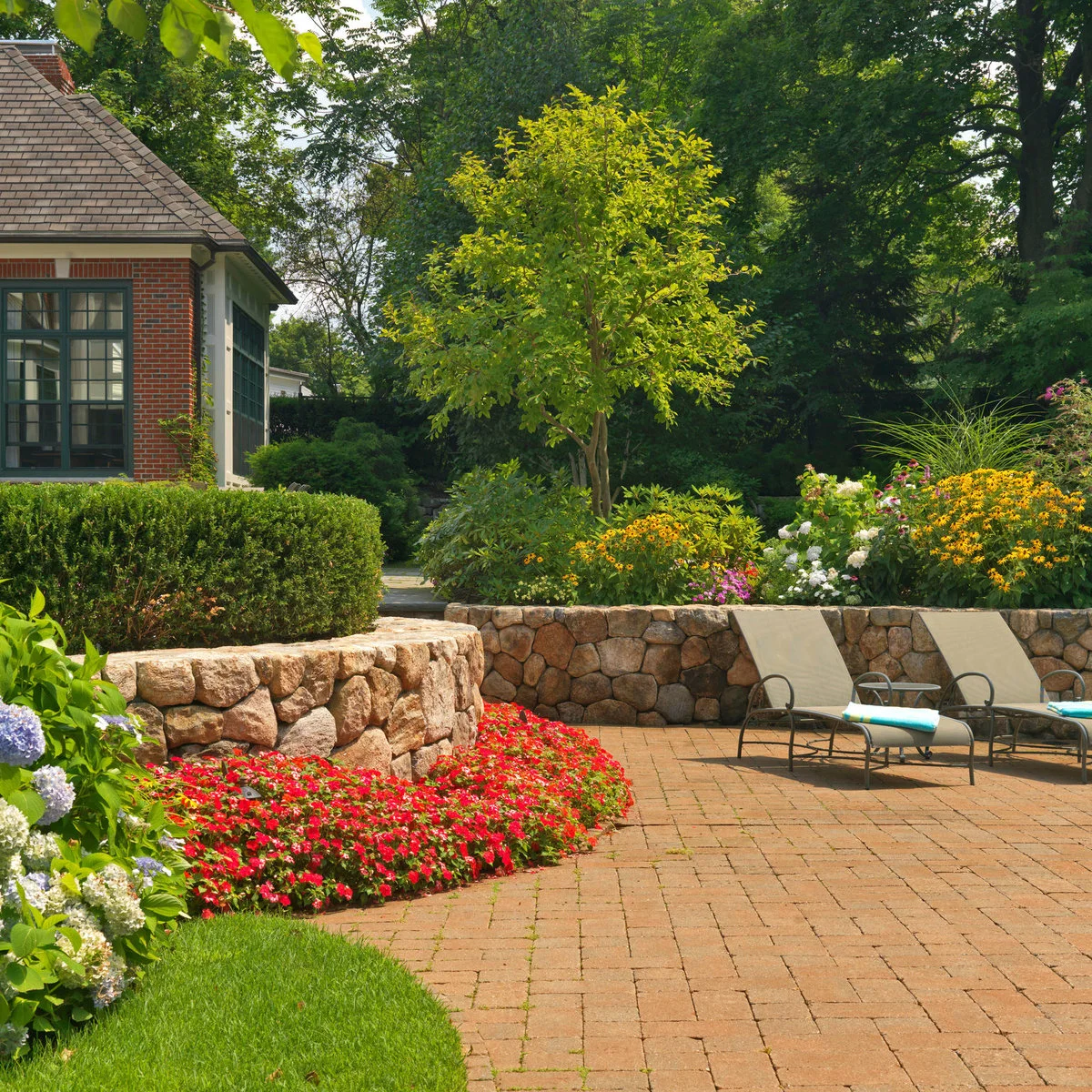 Low red flowers soften the edge of a brick terrace beneath a curved rough-stone raised bed.