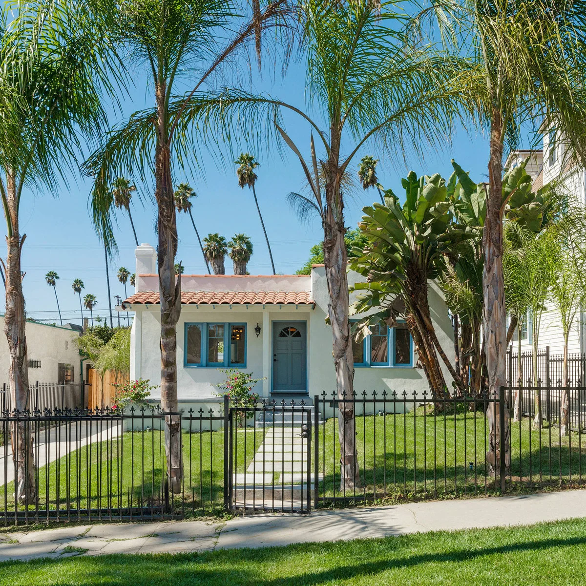 A dark open metal fence and gate across the front of a small white house with blue trim and palms.