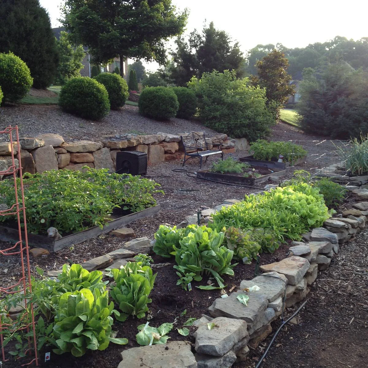 Low rough-stone planted beds sit below a taller boulder retaining wall in a garden seating area.