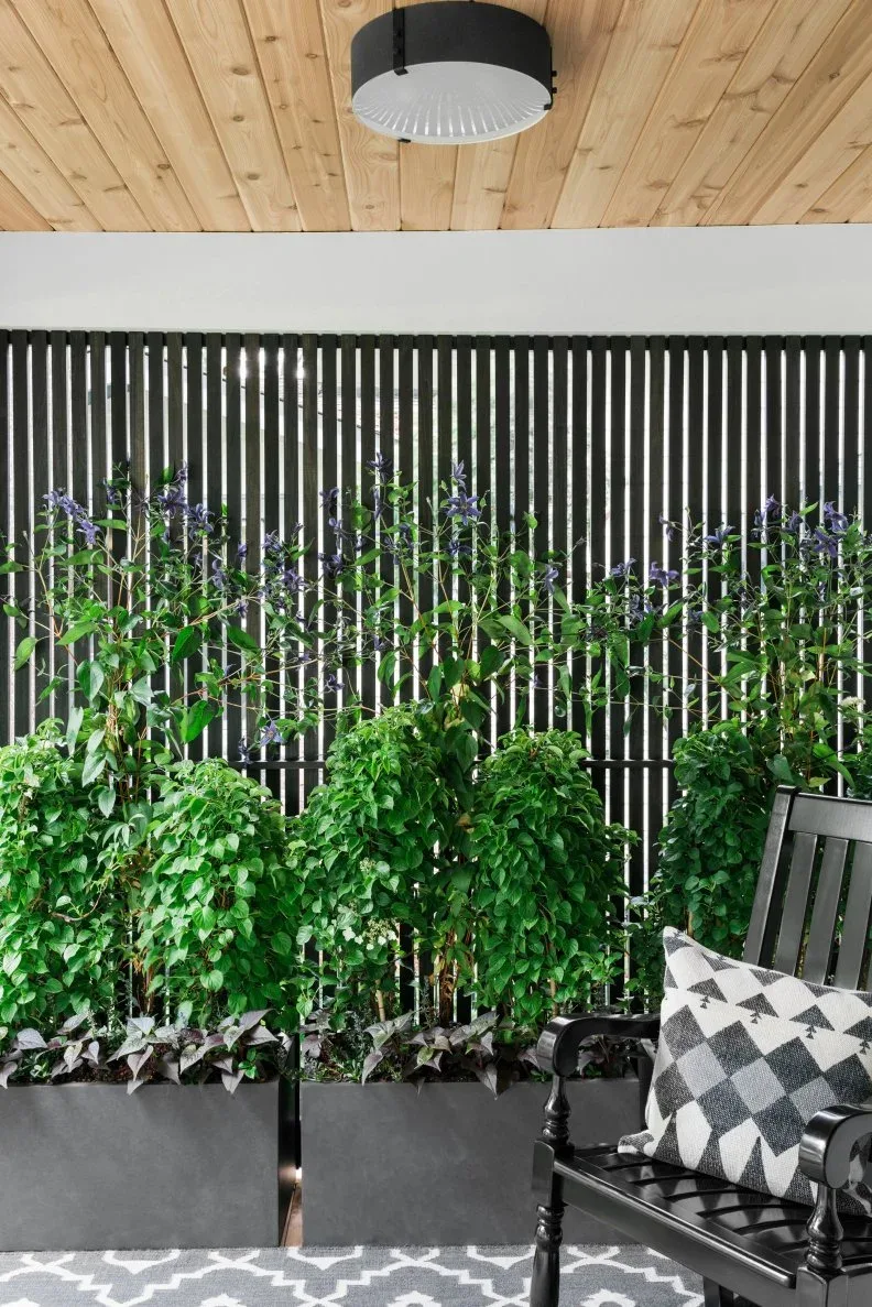 Black slatted porch screen with raised planters, black chair and geometric cushion beneath wood ceiling