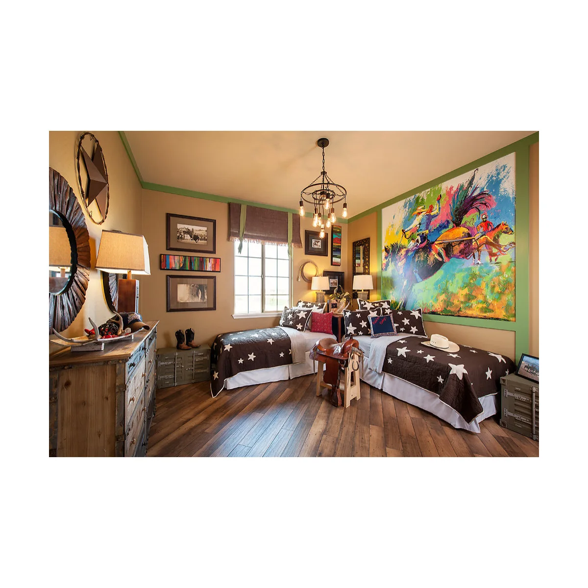 Western-themed twin bedroom with dark star-pattern bed covers, colorful horse artwork, wood furniture and cowboy accessories