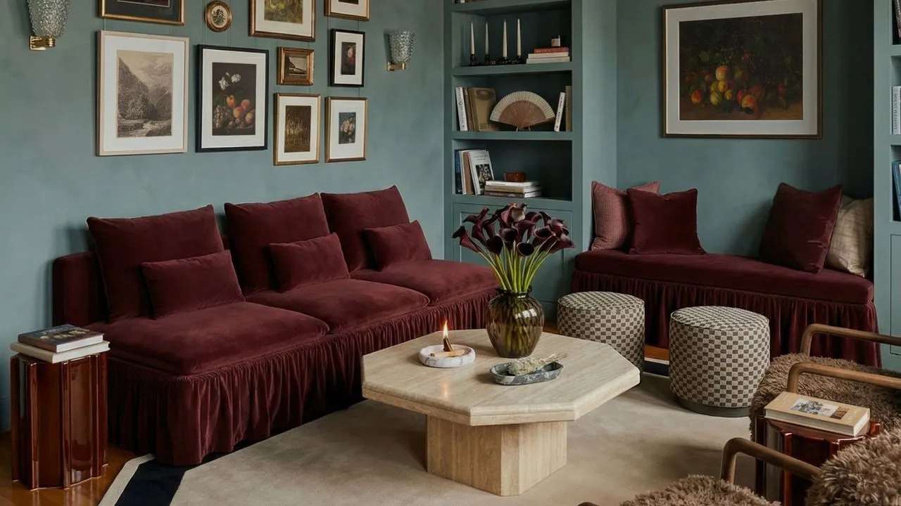 Soft blue-gray walls surround burgundy sofas and a pale rounded table.