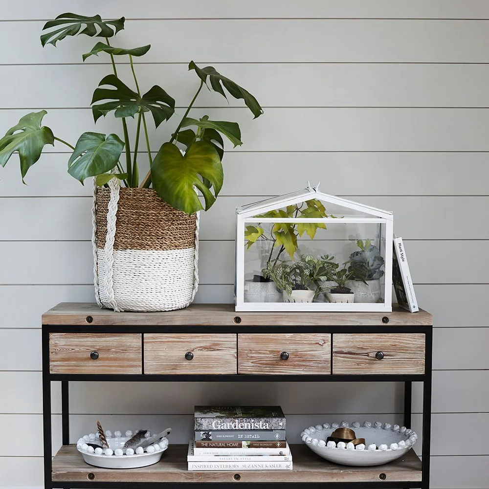 Wood drawer console with black frame, large plant in two-tone woven basket, small glass plant case, books and pale dishes below