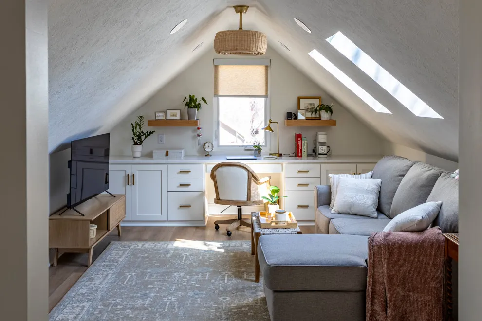 A small desk sits beneath the end window between pale cabinets beside a sofa