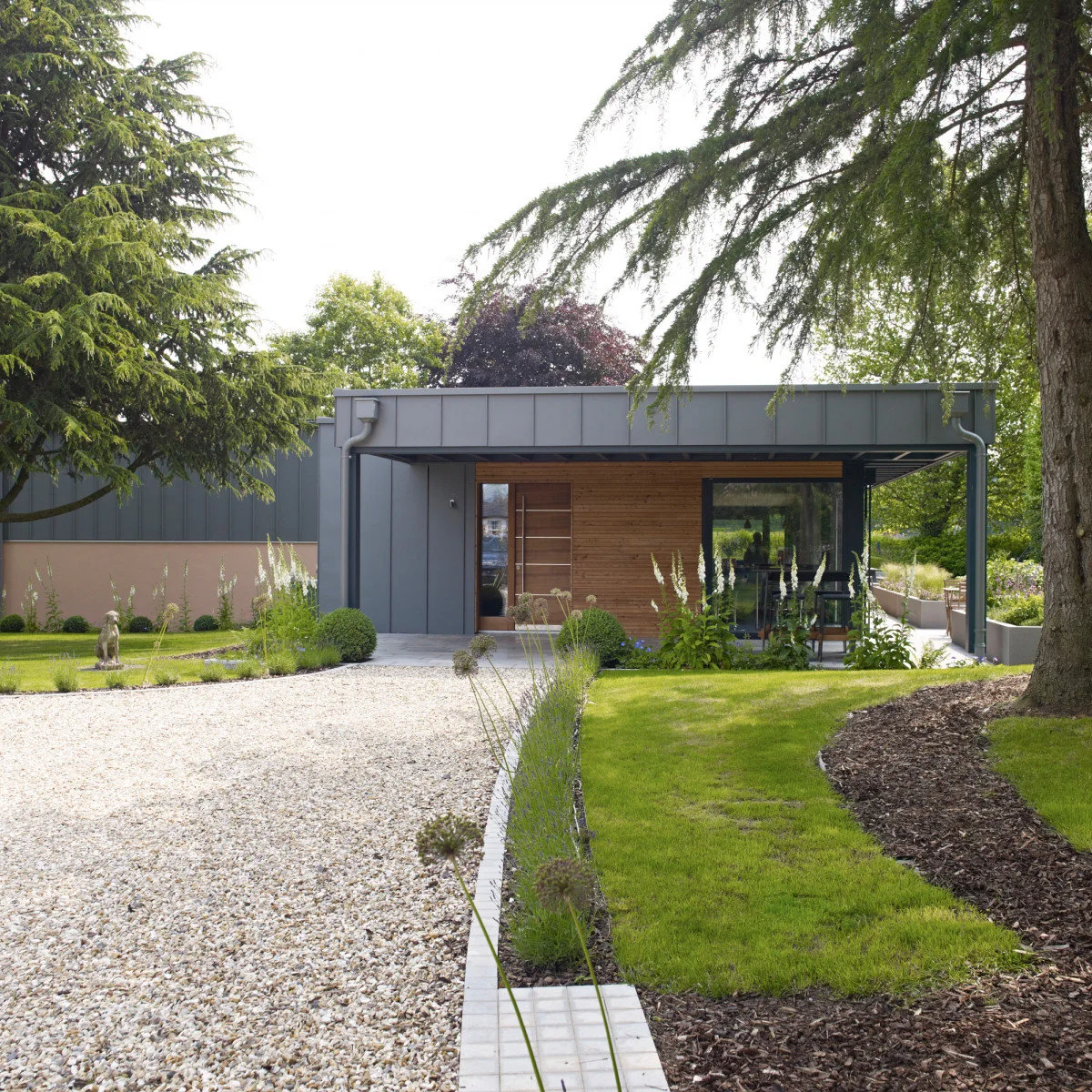 Pale gravel approach beside a straight low paved edge, slender planting, lawn and a contemporary low house.