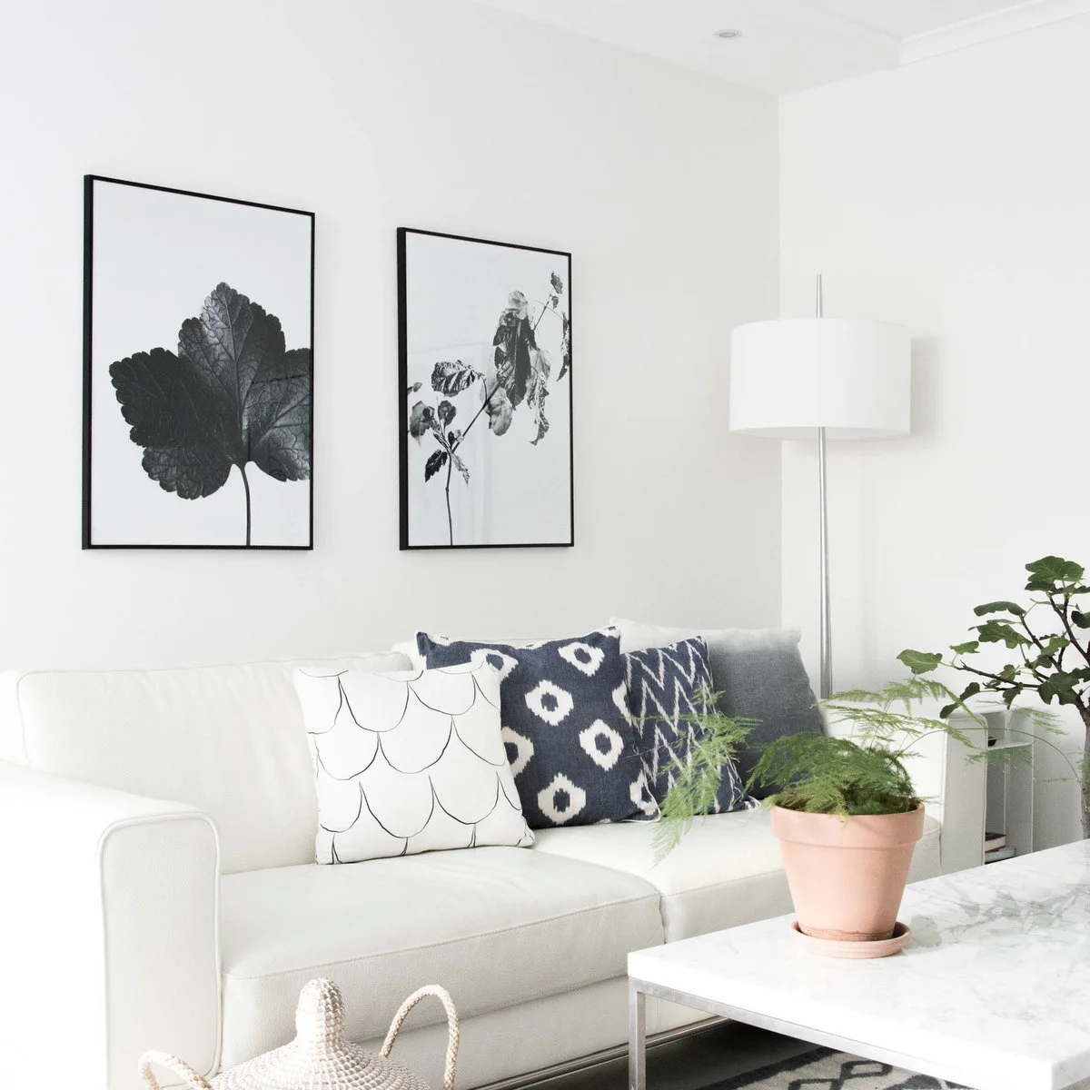 White sofa and wall with black-framed botanical prints, dark patterned cushions and plants