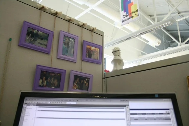 Five purple picture frames suspended on twine beneath small bows at the top of a gray office partition.