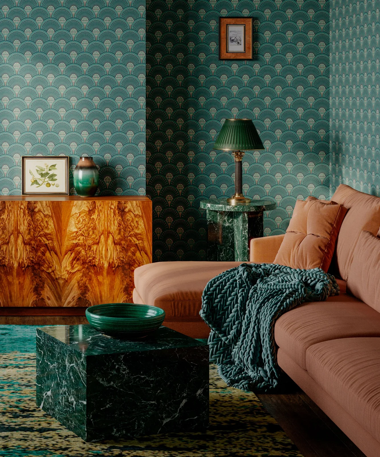 A wood sideboard with bold golden-brown grain stands against teal patterned wallpaper beside a peach sofa and dark green table
