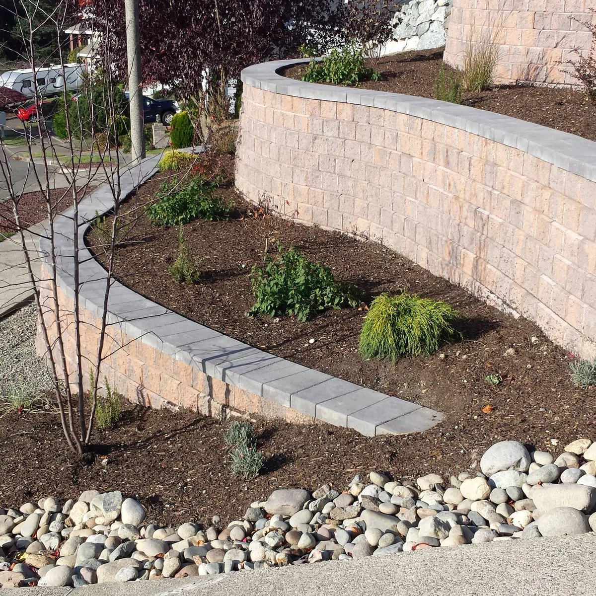 Curved pale block retaining walls with gray caps create planted terraces above a driveway edge.