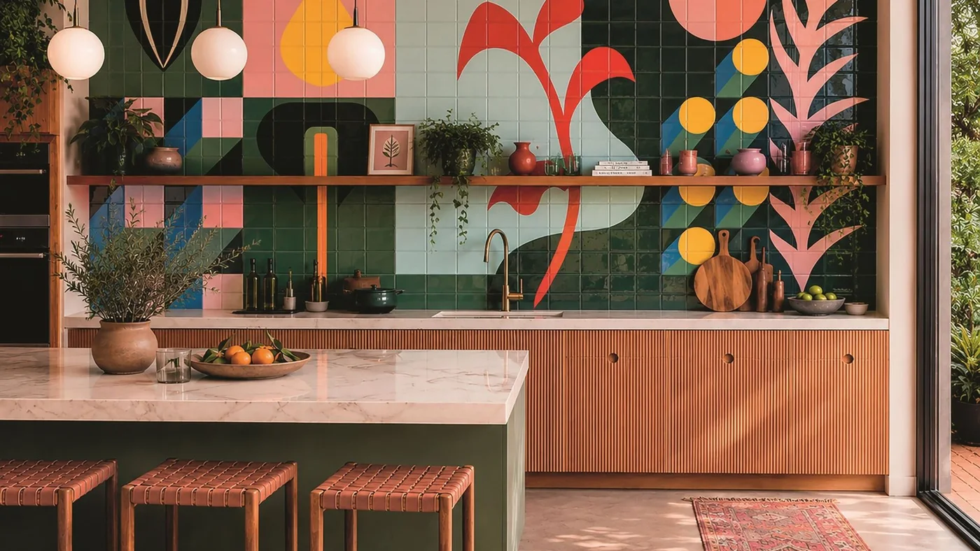 A colorful tile mural with large green areas sits behind warm wooden lower cabinets and a long open shelf beside a pale-topped island