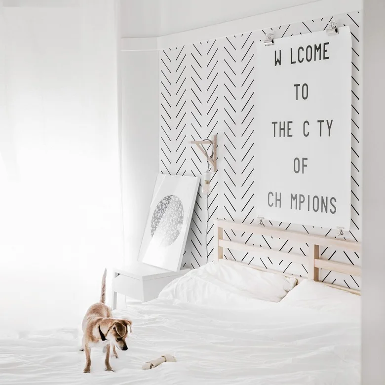 Black broken herringbone lines cover a white bedroom wall behind a pale wood bed, white bedding and large clipped artwork, with a small dog on the bed.